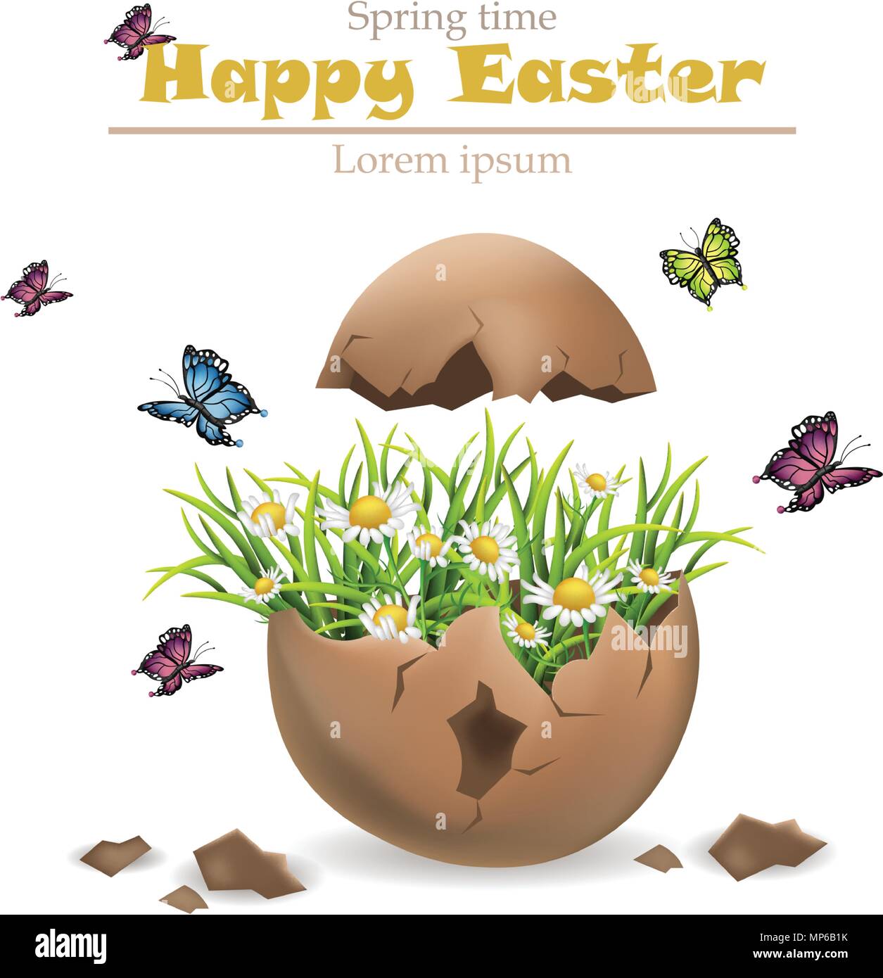 Happy Easter card Vector. Cracked egg and flowers illustration Stock Vector