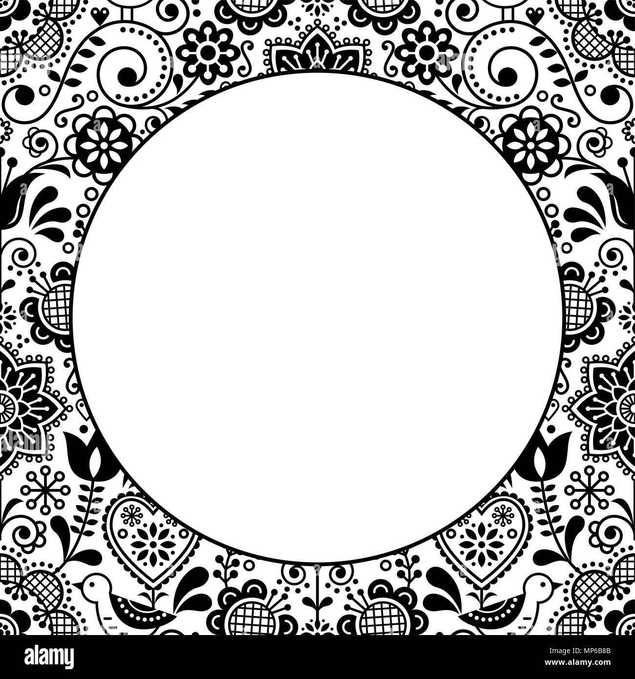 Scandinavian folk heart design greeting card or birthday or wedding invitation, floral vector pattern in black and white Stock Vector