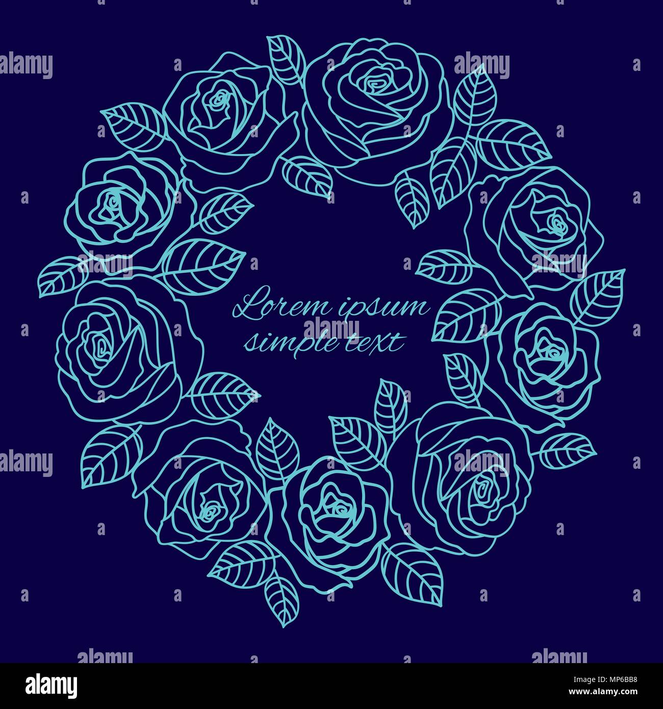 Vector pale blue outline roses wreath on the navy blue background, copy ...