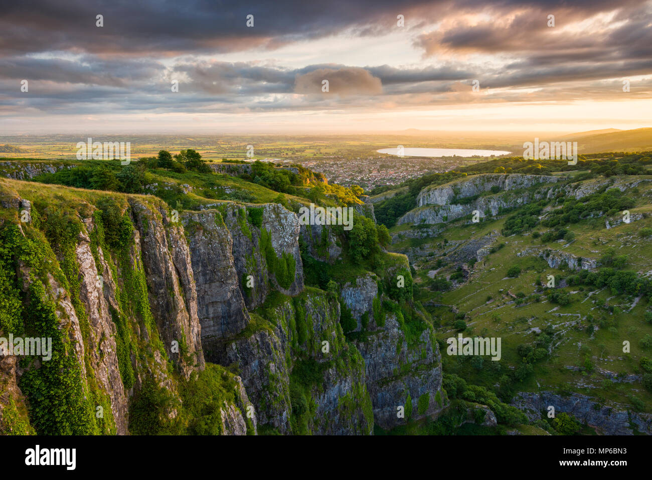 View over Cheddar Gorge and the village of Cheddar on the southern edge of the Mendip Hills, Somerset, England. Stock Photo