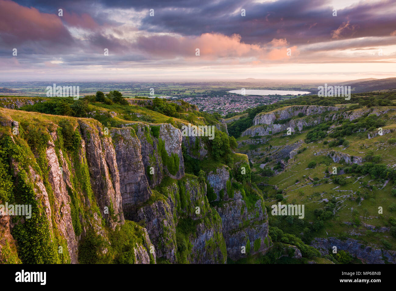 View over Cheddar Gorge and the village of Cheddar on the southern edge of the Mendip Hills, Somerset, England. Stock Photo