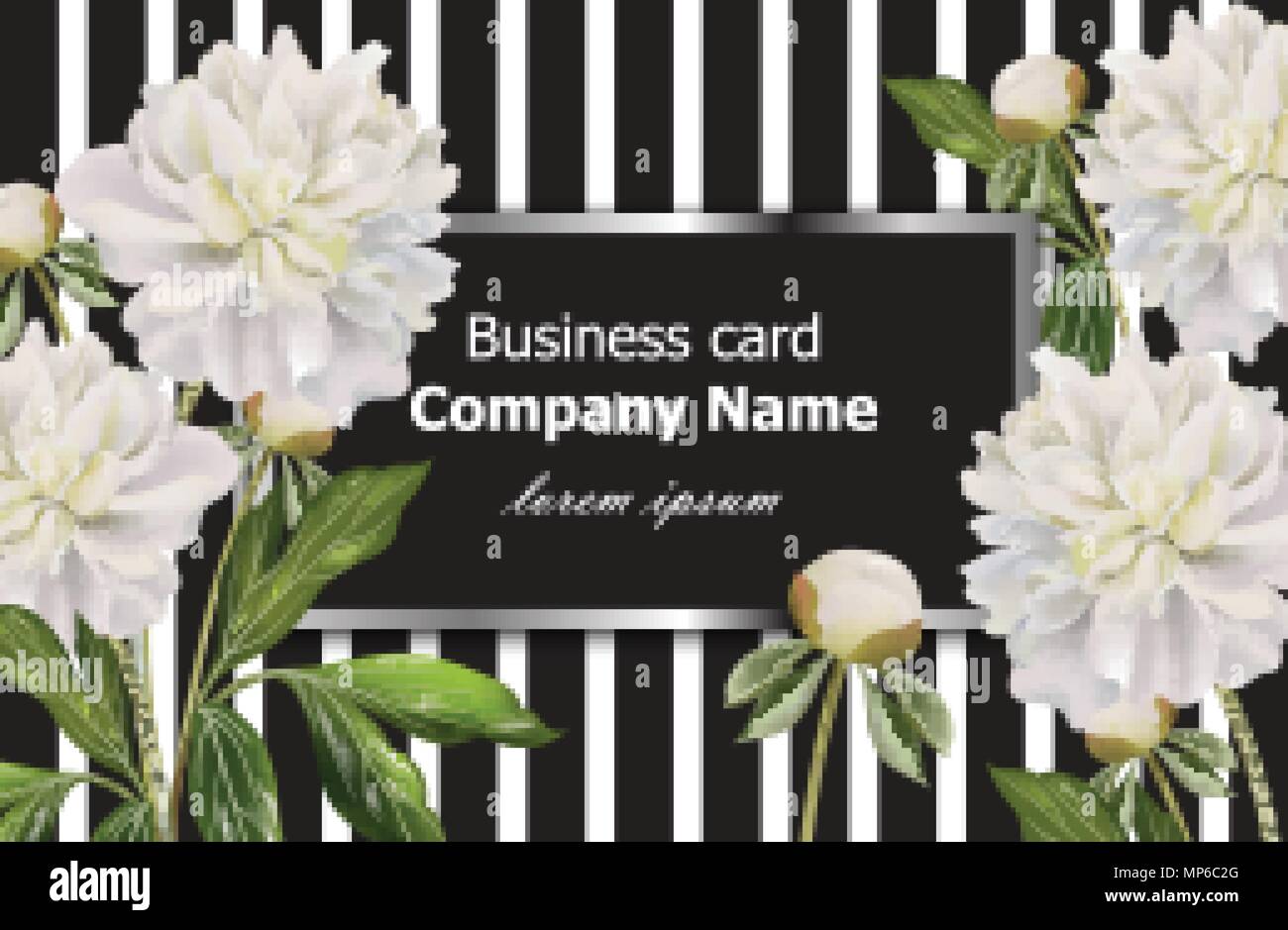Vintage Card With Peony On Golden Striped Background Vintage Business Card With White Peony Flowers On Striped