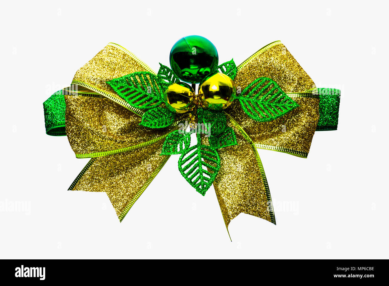 Shiny Green And Gold Christmas Bow And Ball Isolated On White Background With Copy Space Ribbon For Gift Or Present Concept Christmas Decorative Rib Stock Photo Alamy