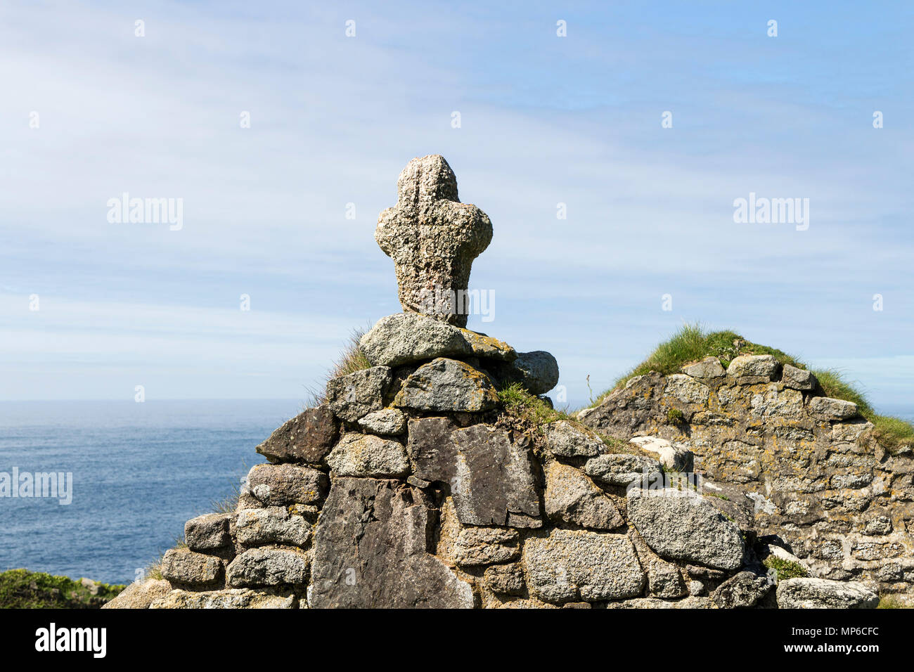 Carved Stone Cross on the Ruins of St Helen's Oratory, Cape Cornwall, UK. Stock Photo
