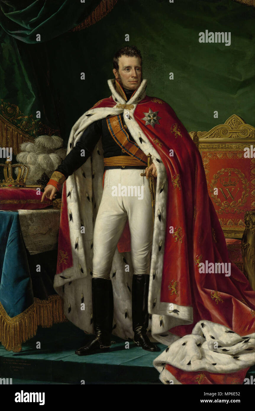 Portrait of William I, King of the Netherlands . Portrait of William I (1772–1743) as King of the United Kingdom of the Netherlands. Standing, at full-length, in the gala uniform of a general. Over his right shoulder the sash of the Military William Order. Over his uniform wearing a red robe lined with ermine. To the right the royal throne, to the left a table with on it the map of parts of Java (Bantam, Jacatra and Cheribon) in modern-day Indonesia, and also a pillow with crown and sceptre and a hat with ostriche feathers. 1819.   1266 William I of the Netherlands Stock Photo
