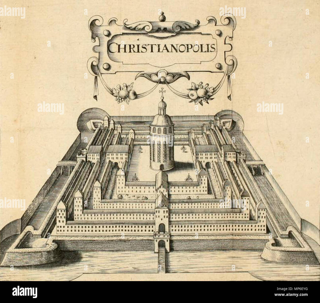 . Deutsch: Visualisierung der Idealstadt Christianopolis aus Johann Valentin Andreaes Reipublicae Christianopolitanae descriptio. Argentorati 1619 . 1619. Unknown 1009 Plan der Stadt Christianopolis - Tafel 2 Stock Photo