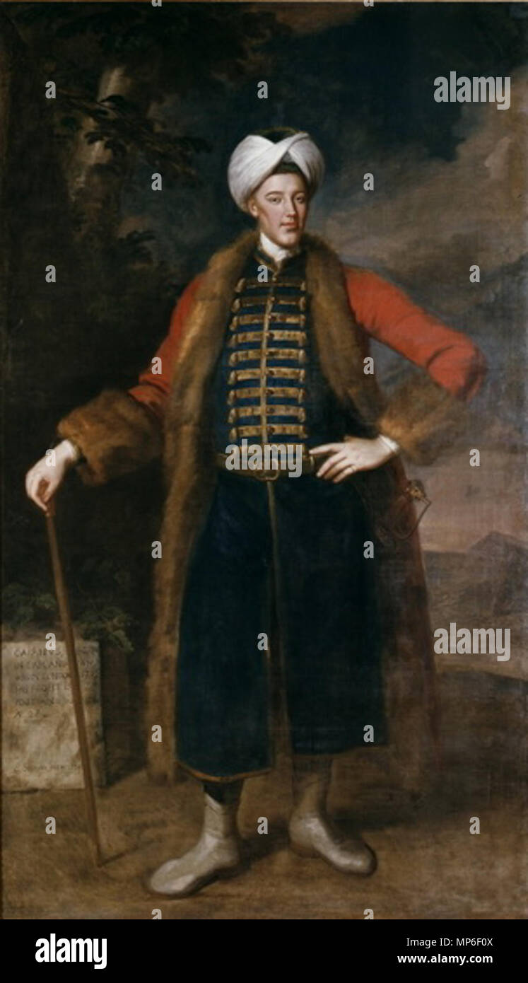 Daniel Cajanus .  Enoch Seeman (1694/95-1744) has painted the qualitatively best one in 1734. The painting measuring 315 x 183 cm (10 feet 4 inches x 6 feet) was presumably commissioned by John, Count of Montague, living in Boughton House in Kettering, England. The portrait presumably moved to Dalkeith House in Scotland after the marriage of the granddaughter of John Montague and the count of Buccleuch. It is presently exhibited in the National Museum of Finland in Helsinki, Finland, which possesses the painting since 1975. It shows Cajanus in a military outfit with braiding, turban and a fur  Stock Photo