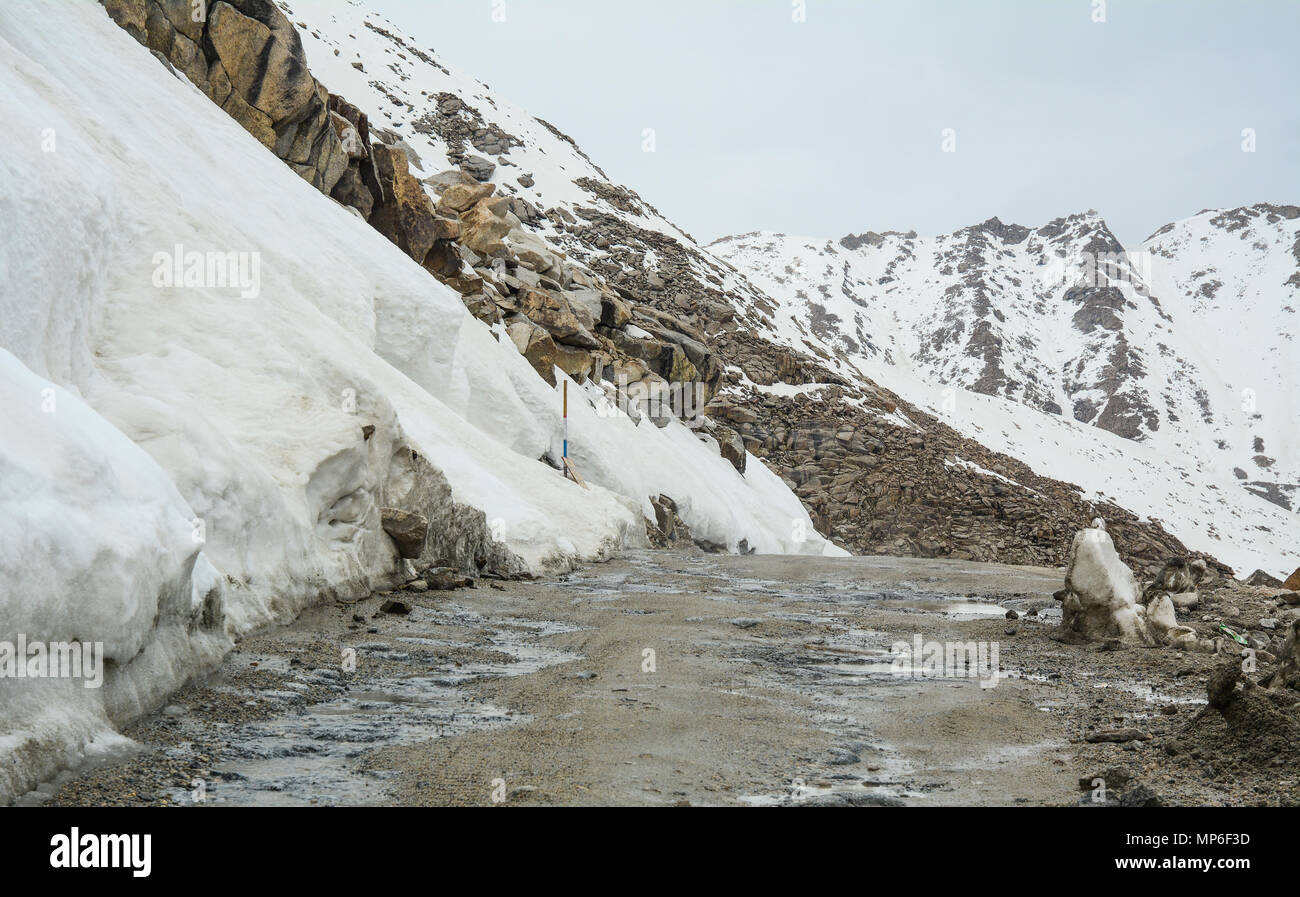 Dangerous snow road in Ladakh, India. Ladakh is the highest plateau in