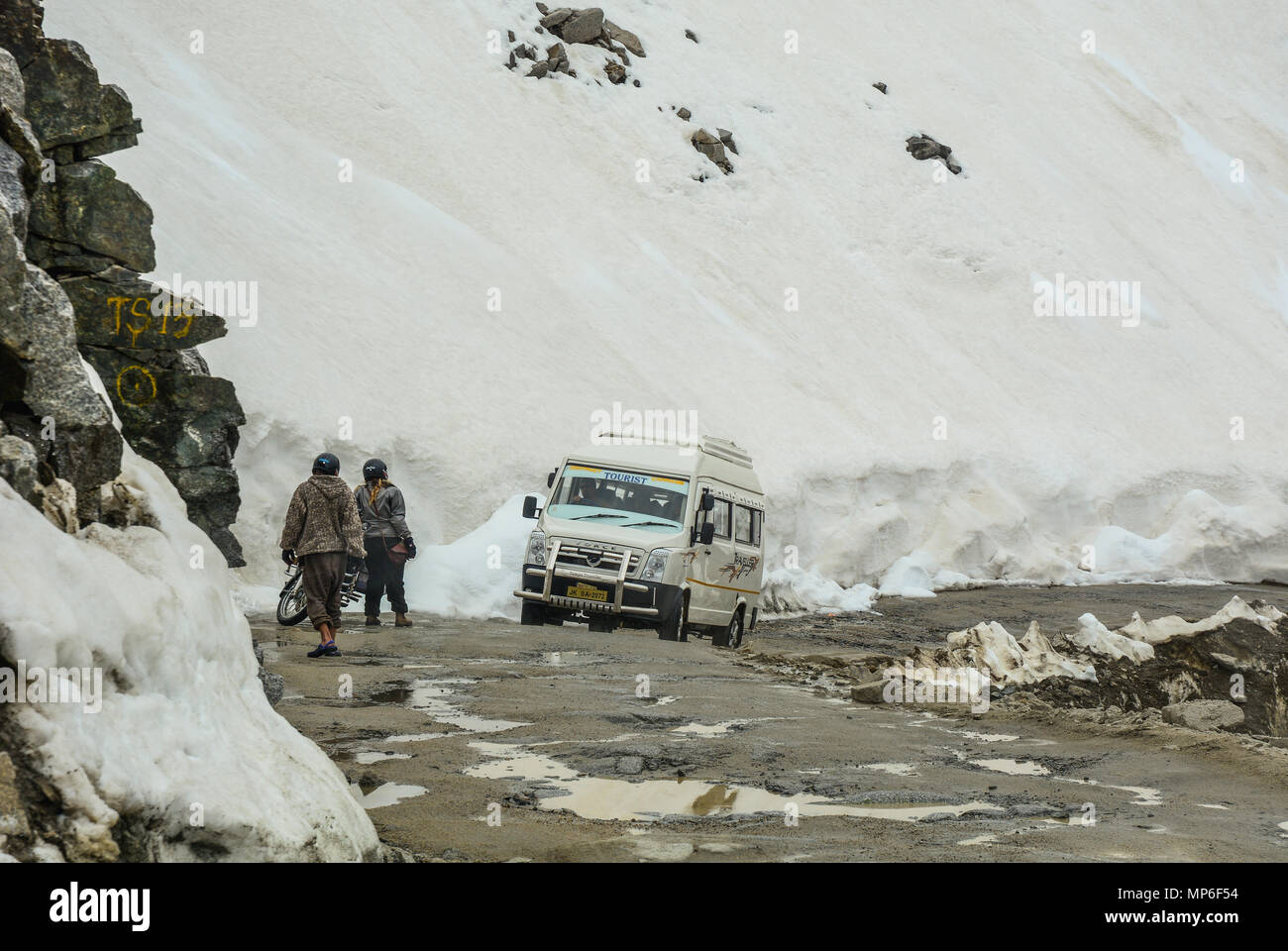 Ladakh, India Jul 18, 2015. Cars run on dangerous road in Ladakh