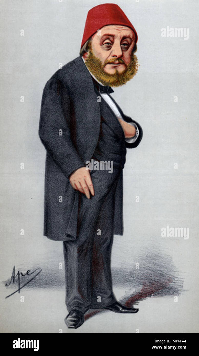 . English: Vanity Fair cover, Feb. 4, 1871 of 'The most interesting of all the diplomatic corps in London'... 'His excellency Constantine Musurus, commonly called Musurus Pasha, the Turkish Ambassador, is of Greek extraction, and was born in 1807. His diplomatic career, so far as it belongs to the general history of Europe, dates from 1848, when he represented the Sultan at Vienna, having previously distinguished himself as Governor of Samos and Minister at Athens. In 1851 he came to London invested with full powers as Envoy Extraordinary of the Port.' . 1871.   Carlo Pellegrini  (1839–1889)   Stock Photo