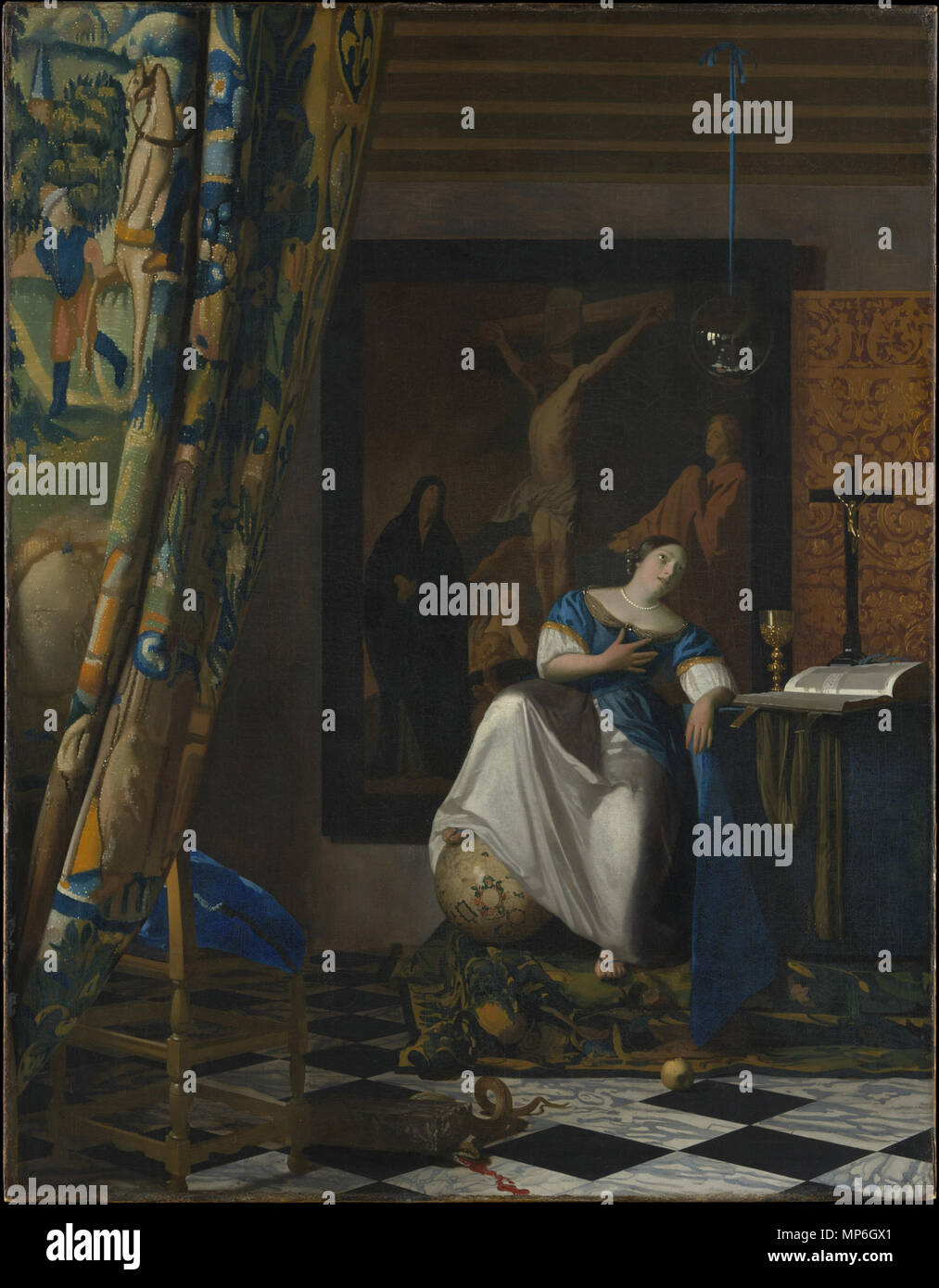 . English: Johannes Vermeer, Allegory of the Catholic Faith, The Metropolitan Museum of Art. Oil on canvas. 45 x 35 in. (114.3 x 88.9 cm). circa 1670–72.   Johannes Vermeer  (1632–1675)      Alternative names Johannes van der Meer, Jan Vermeer, Jan Vermeer van Delft, Johannes Reyniersz. Vermeer  Description Dutch painter and art dealer  Date of birth/death 31 October 1632 (baptised) 15 December 1675 (buried)  Location of birth/death Delft Delft  Work period 1653–1675  Work location Delft (1653 - 1675)  Authority control  : Q41264 VIAF: 51961439 ISNI: 0000 0001 0901 268X ULAN: 500032927 LCCN: n Stock Photo