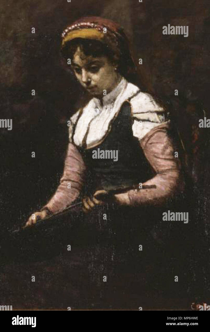 714 Jean-Baptiste-Camille Corot, 1860–65, Girl with Mandolin, oil on canvas, 51.4 x 40.3 cm, Saint Louis Art Museum (cropped) Stock Photo