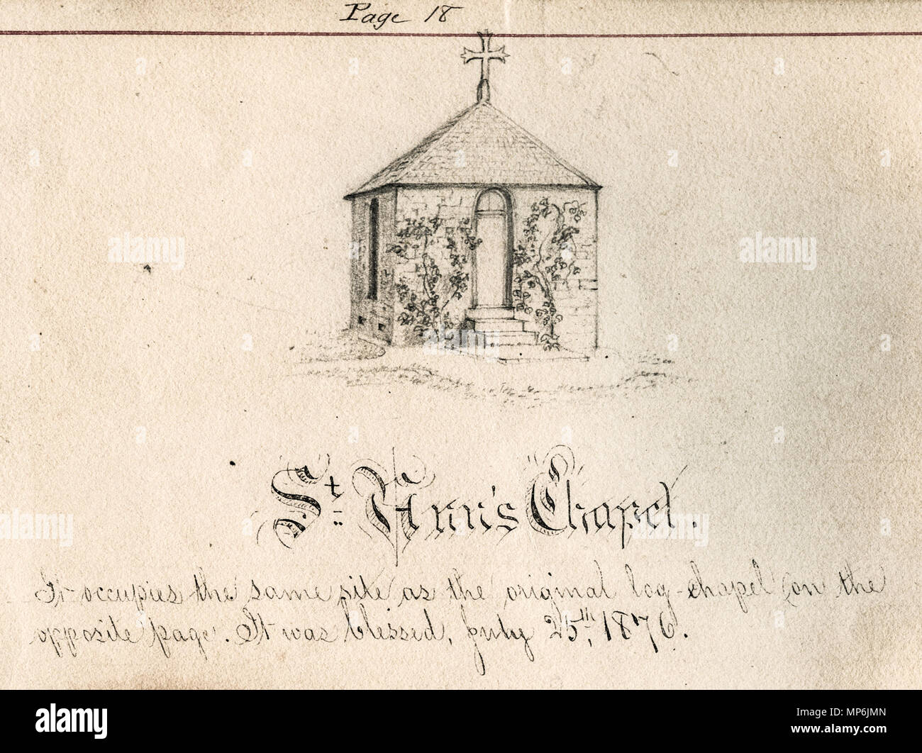 Bound book of sketches of Saint Mary's grounds, mainly by Sister Maurice Schnell, with some by Sister St. Francis Xavier Lefer, Father Corbe and students.    .  English: St. Anne Shell Chapel, dedicated in 1876, on the grounds of the Sisters of Providence of Saint Mary-of-the-Woods, Indiana. Artwork by Sister Maurice Schnell has been edited to enhance clarity. . between 1876 and 1889.   1137 St Mary Sketchbook 18 - St Anns Chapel (Enhanced) Stock Photo