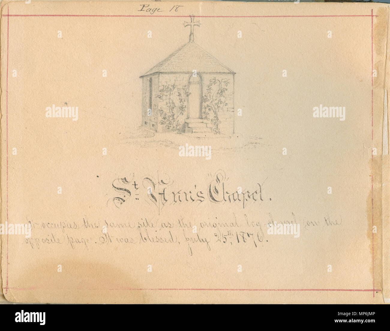 Bound book of sketches of Saint Mary's grounds, mainly by Sister Maurice Schnell, with some by Sister St. Francis Xavier Lefer, Father Corbe and students.    .  English: St. Anne Shell Chapel, dedicated in 1876, on the grounds of the Sisters of Providence of Saint Mary-of-the-Woods, Indiana. Artwork by Sister Maurice Schnell. . between 1876 and 1889.   1137 St Mary Sketchbook 18 - St Anns Chapel Stock Photo