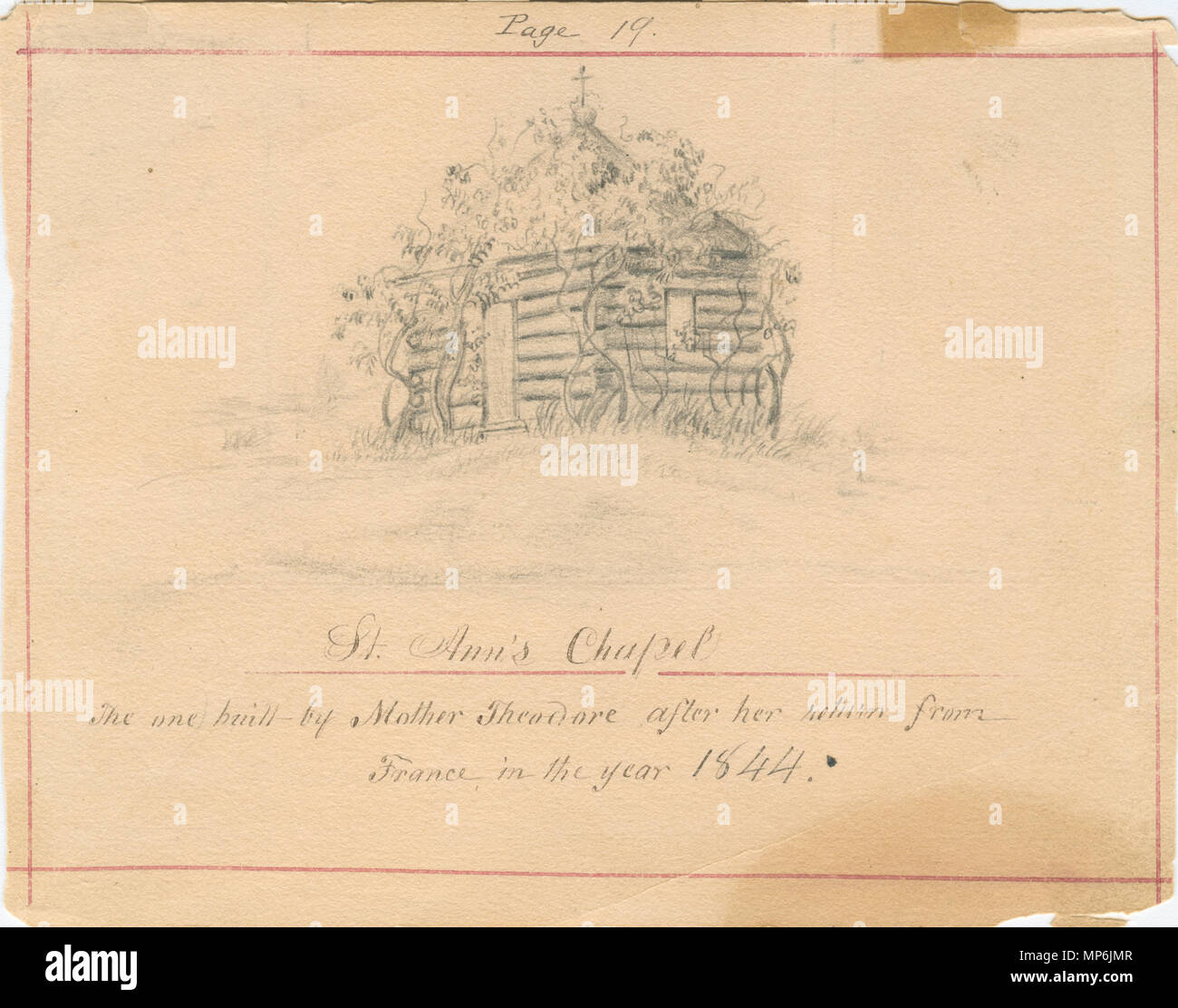 Bound book of sketches of Saint Mary's grounds, mainly by Sister Maurice Schnell, with some by Sister St. Francis Xavier Lefer, Father Corbe and students.    .  English: The first St. Ann's Chapel on the grounds of the Sisters of Providence of Saint Mary-of-the-Woods, Indiana, replaced by the St. Anne Shell Chapel in 1876. Artwork by Sister Maurice Schnell. . between 1847 and 1889.   1137 St Mary Sketchbook 19 - Shell Chapel Stock Photo