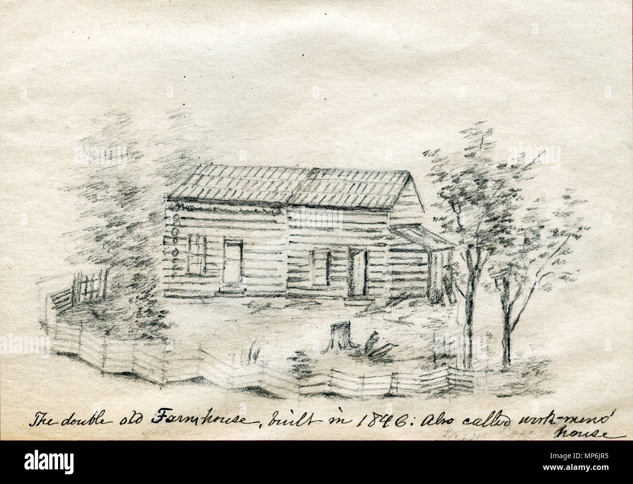 Bound book of sketches of Saint Mary's grounds, mainly by Sister Maurice Schnell, with some by Sister St. Francis Xavier Lefer, Father Corbe and students.    .  English: Farmhouse on the grounds of the Sisters of Providence of Saint Mary-of-the-Woods, Indiana. This sketch is part of a bound book collecting various sketches of Saint Mary's grounds, home of the Sisters of Providence of Saint Mary-of-the-Woods, Indiana, and of the academy that later became Saint Mary-of-the-Woods College. Drawings are dated between 1842 and 1889 and are mainly by Sister Maurice Schnell, with some collected from S Stock Photo