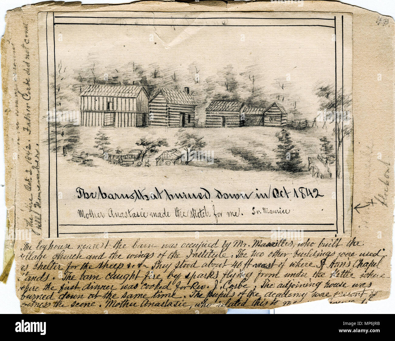 Bound book of sketches of Saint Mary's grounds, mainly by Sister Maurice Schnell, with some by Sister St. Francis Xavier Lefer, Father Corbe and students.    .  English: On the grounds of the Sisters of Providence of Saint Mary-of-the-Woods, Indiana in 1842. Drawn by Mother Anastasie Brown with annotations by Sister Maurice Schnell. This sketch is part of a bound book collecting various sketches of Saint Mary's grounds, home of the Sisters of Providence of Saint Mary-of-the-Woods, Indiana, and of the academy that later became Saint Mary-of-the-Woods College. Drawings are dated between 1842 and Stock Photo