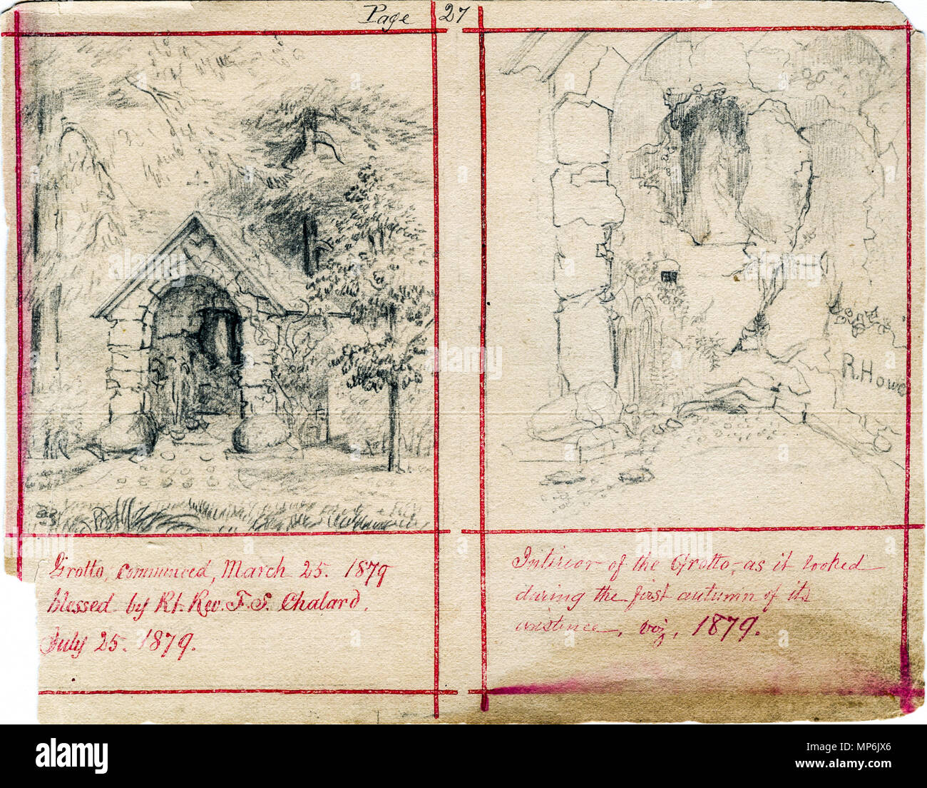 .  English: Grotto on the grounds of the Sisters of Providence of Saint Mary-of-the-Woods, Indiana. This sketch is part of a bound book collecting various sketches of Saint Mary's grounds, home of the Sisters of Providence of Saint Mary-of-the-Woods, Indiana, and of the academy that later became Saint Mary-of-the-Woods College. Drawings are dated between 1842 and 1889 and are mainly by Sister Maurice Schnell, with some collected from Sister St. Francis Xavier Lefer, Father John Corbe and various art students. Annotations have been added by Schnell and other sisters over the years, as this book Stock Photo