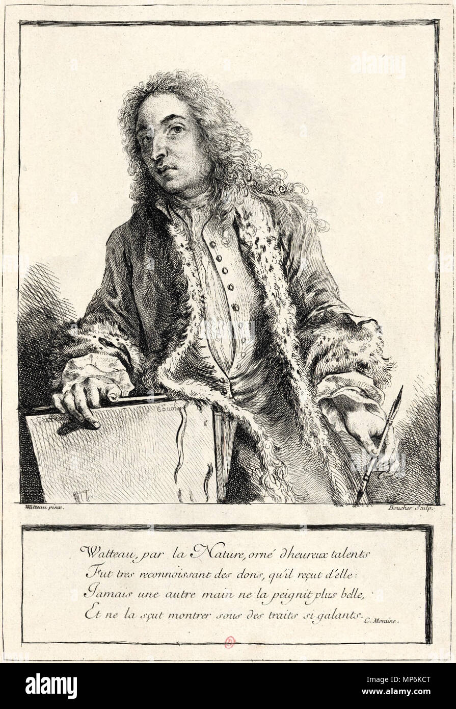 . English: Portrait of Antoine Watteau . between 1726 and 1728. Engraved by François Boucher (1703-1770) after Antoine Watteau (1684-1721) 1253 Watteau by Boucher (Figures 1726-1728) Stock Photo