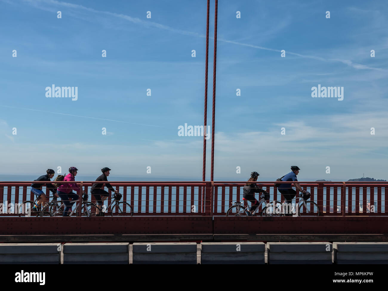 Bicyclists on the Golden Gate Bridge, San Francisco, California, United States. Stock Photo