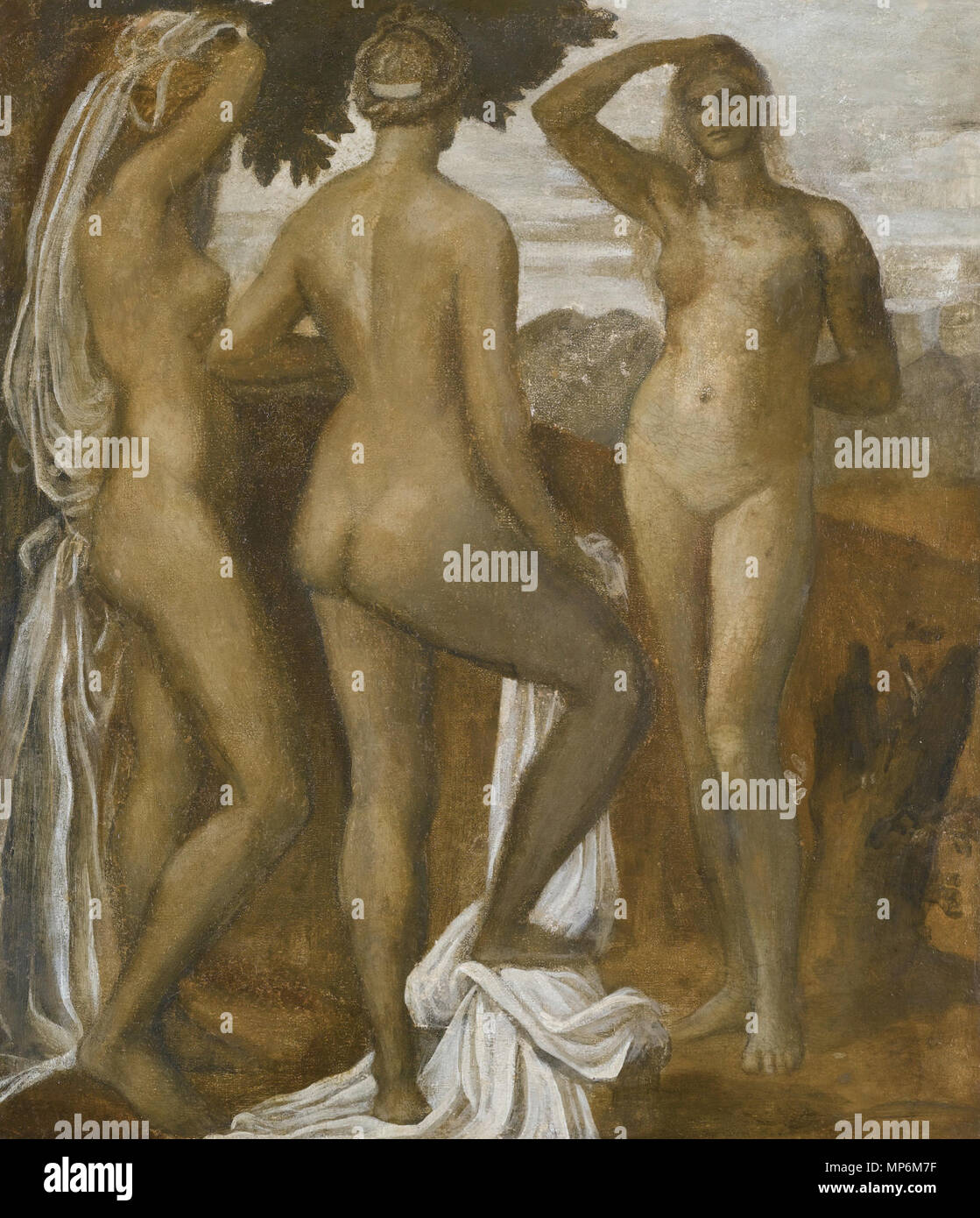 The three graces (The three goddesses) (The judgement of Paris) *oil on canvas *76 x 66 cm    .  English: The Judgement of Paris Français : Le Jugement de Pâris . 4 February 2007 (original upload date).    George Frederic Watts  (1817–1904)      Description British painter and sculptor  Date of birth/death 23 February 1817 1 June 1904  Location of birth/death London Limnerslease bei Compton (Surrey)  Work location London, Florence, Paris, Konstantinopel  Authority control  : Q183245 VIAF: 10095477 ISNI: 0000 0000 8076 3251 ULAN: 500026988 LCCN: n50043705 NLA: 35594706 WorldCat    Original uplo Stock Photo