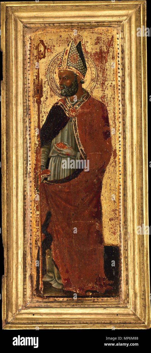 Pietro di Giovanni d'Ambrogio (Italian, Siena 1410–1449 Siena) Saint Nicholas of Bari, mid-1430s Tempera on panel; Engaged Frame: 29.7 x 13.4 in.  (75.4 x 34.0 cm) Painted Surface: 9 5/8 x 2 15/16 in. (24.5 x 7.5 cm) The Metropolitan Museum of Art, New York, Robert Lehman Collection, 1975 (1975.1.28B) http://www.metmuseum.org/Collections/search-the-collections/459258   Saint Nicholas of Bari . Saint Nicholas of Bari . 1430s.   995 Pietro di Giovanni d'Ambrogio. Saint Nicholas of Bari, mid 1430's Met.museum N-Y Stock Photo