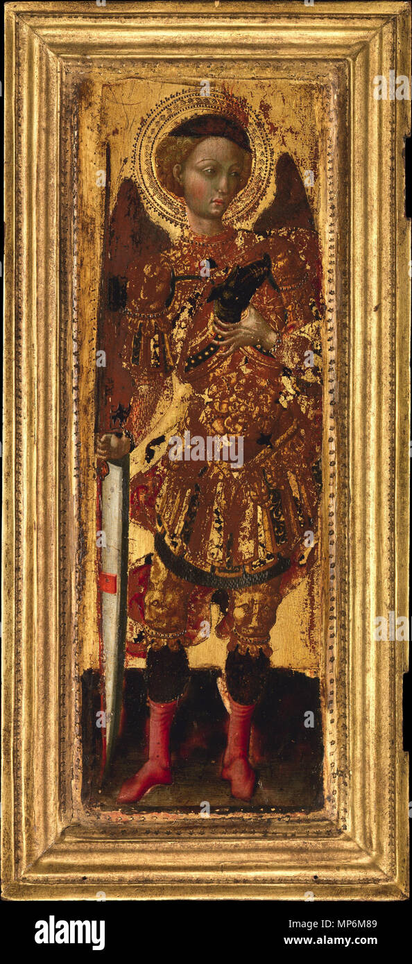 Pietro di Giovanni d'Ambrogio (Italian, Siena 1410–1449 Siena) Saint Michael, mid-1430s Tempera on wood with silver, gold ground; Engaged Frame: 11 11/16 x 5 1/4 in.  (29.7 x 13.4 cm) Painted Surface: 9 5/8 x 2 15/16 in. (24.5 x 7.5 cm.) The Metropolitan Museum of Art, New York, Robert Lehman Collection, 1975 (1975.1.28A) http://www.metmuseum.org/Collections/search-the-collections/459257   St Michael   mid 1430s.   995 Pietro di Giovanni d'Ambrogio. mid 1430's St Michael. Met.museum N-Y Stock Photo