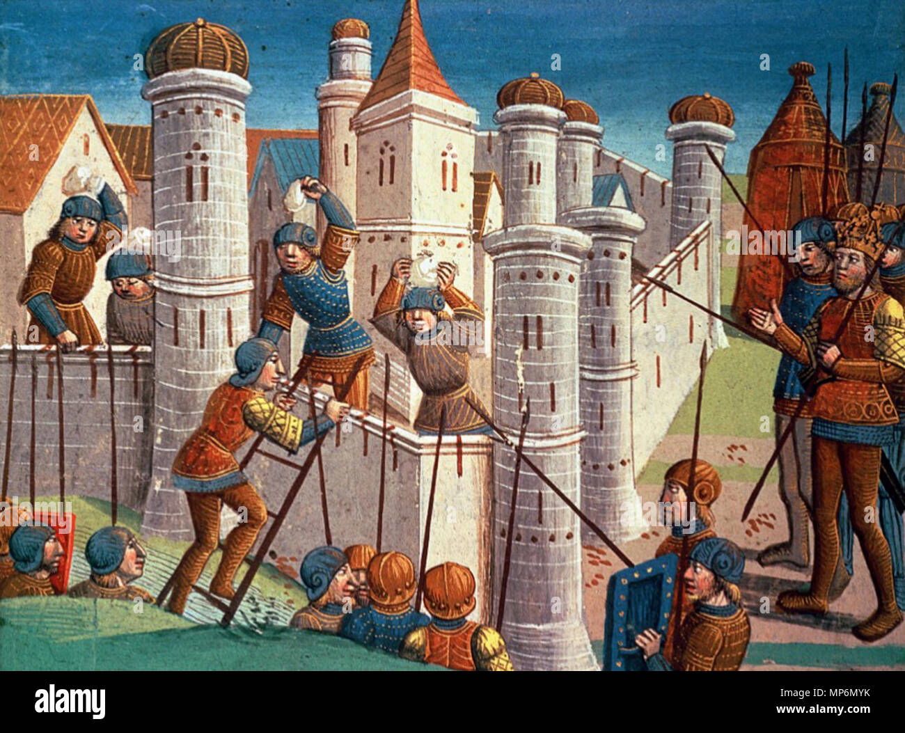 Siege of a city . Siege of a city. Painted miniature from a luxury copy of an incunable print of Ogier le Danois, ed. Antoine Vérard, Paris 1496–1499, held at Biblioteca Nazionale, Turin, XV-V-183, fol. diii v. Illustration of a fictional reconquest of Rome from Saracen occupiers by Charlemagne ('Comment le roy charlemaigne fist armer son ost pour aller assaillir romme et comment ... la ville fut prinse...'). 1496.   1119 Siege of a city, medieval miniature Stock Photo