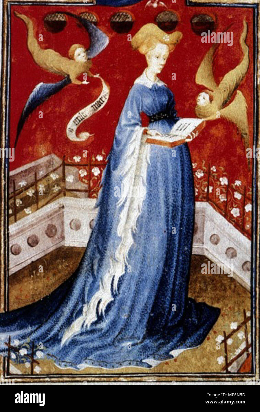 franais-marie-dharcourt-fille-de-jean-vi-comte-dharcourt-daumale-femme-de-renaud-iv-de-gueldre-reprsente-en-houppelande-folio-19-de-son-livre-dheures-english-maria-dharcourt-et-daumale-wife-of-reinald-iv-duke-of-guelders-and-jlich-in-a-houppelande-fol-19-of-the-breviary-of-marie-de-gueldres-circa-1415-867-mary-of-guelders-MP6N5D.jpg