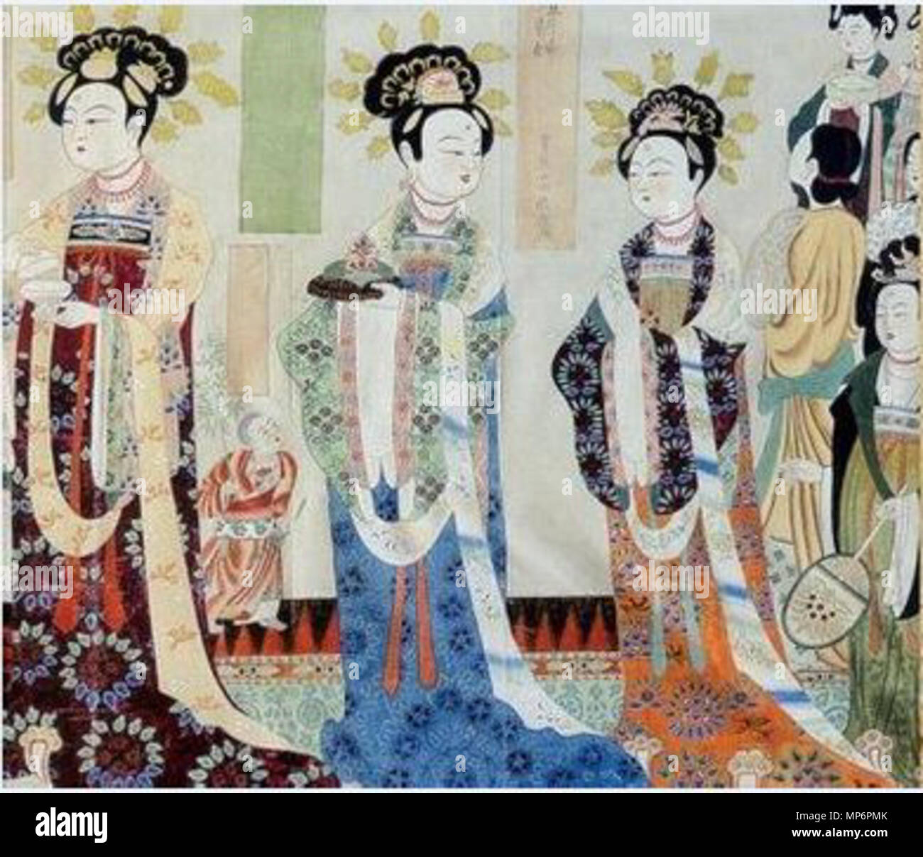 . English: Noble ladies in a Buddhist ritual to worship Buddha, Mo-kao caves, late T'ang dynasty. T'ang Dynasty. Unknown artist of late T'ang Dynasty 932 Noble Ladies Worshiping Buddha Stock Photo