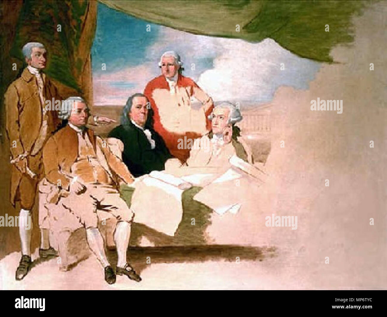 American Commissioners of the Preliminary Peace Agreement with Great Britain (unfinished oil sketch) . Benjamin West, American Commissioners of the Preliminary Peace Agreement with Great Britain, 1783-1784, London, England. (oil on canvas, unfinished sketch), Winterthur Museum, Winterthur, Delaware, gift of Henry Francis du Pont. From left to right: John Jay, John Adams, Benjamin Franklin, Henry Laurens, and William Temple Franklin. The British commissioners refused to pose, and the picture was never finished. between 1783 and 1784.   1204 Treaty of Paris by Benjamin West 1783 Stock Photo