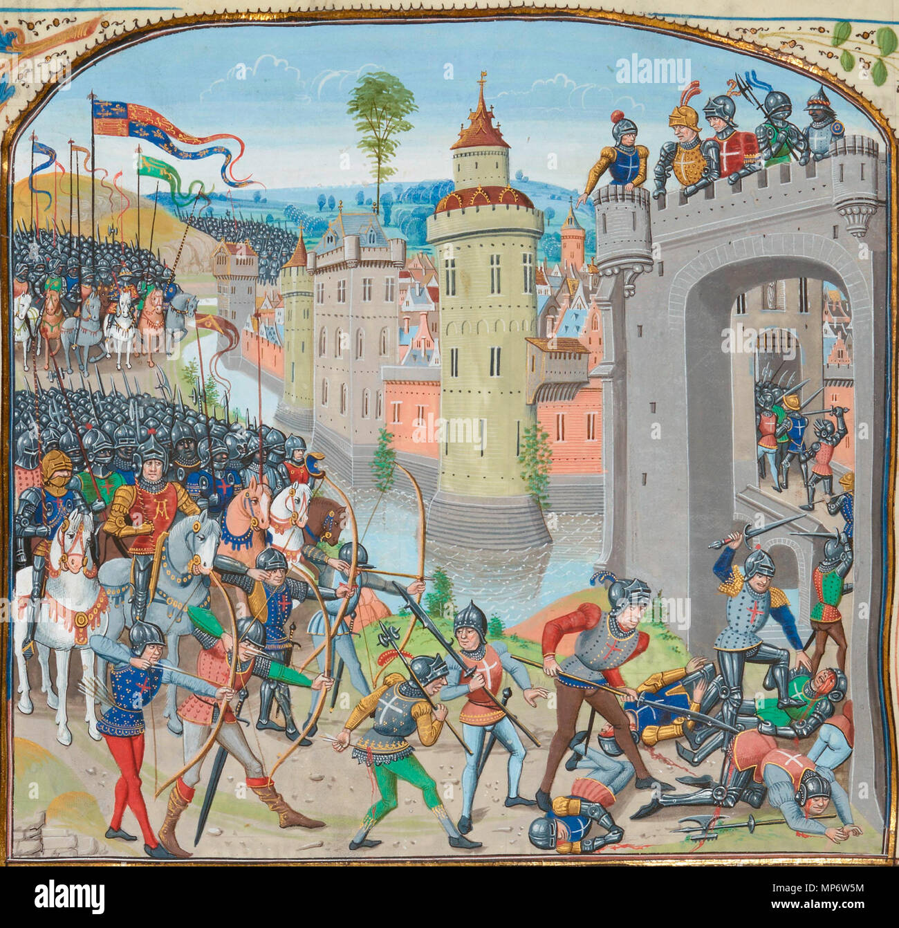 . Prise de Caen en 1346 . 15th century.   Jean Froissart  (1337–1410)       Alternative names Jean Froissart. A chronicler of medieval France who wrote 'Froissart's Chronicles' which is an important source of information for the first half of the Hundred Years' War.  Description French chronicler, historian, canon, poet and writer  Date of birth/death 1330s 1405  Location of birth/death Valenciennes Chimay  Authority control  : Q315000 VIAF: 100178580 ISNI: 0000 0001 1821 9033 LCCN: n50023448 NLA: 35105465 GND: 118536370 WorldCat 1029 Prise caen 1346 Stock Photo