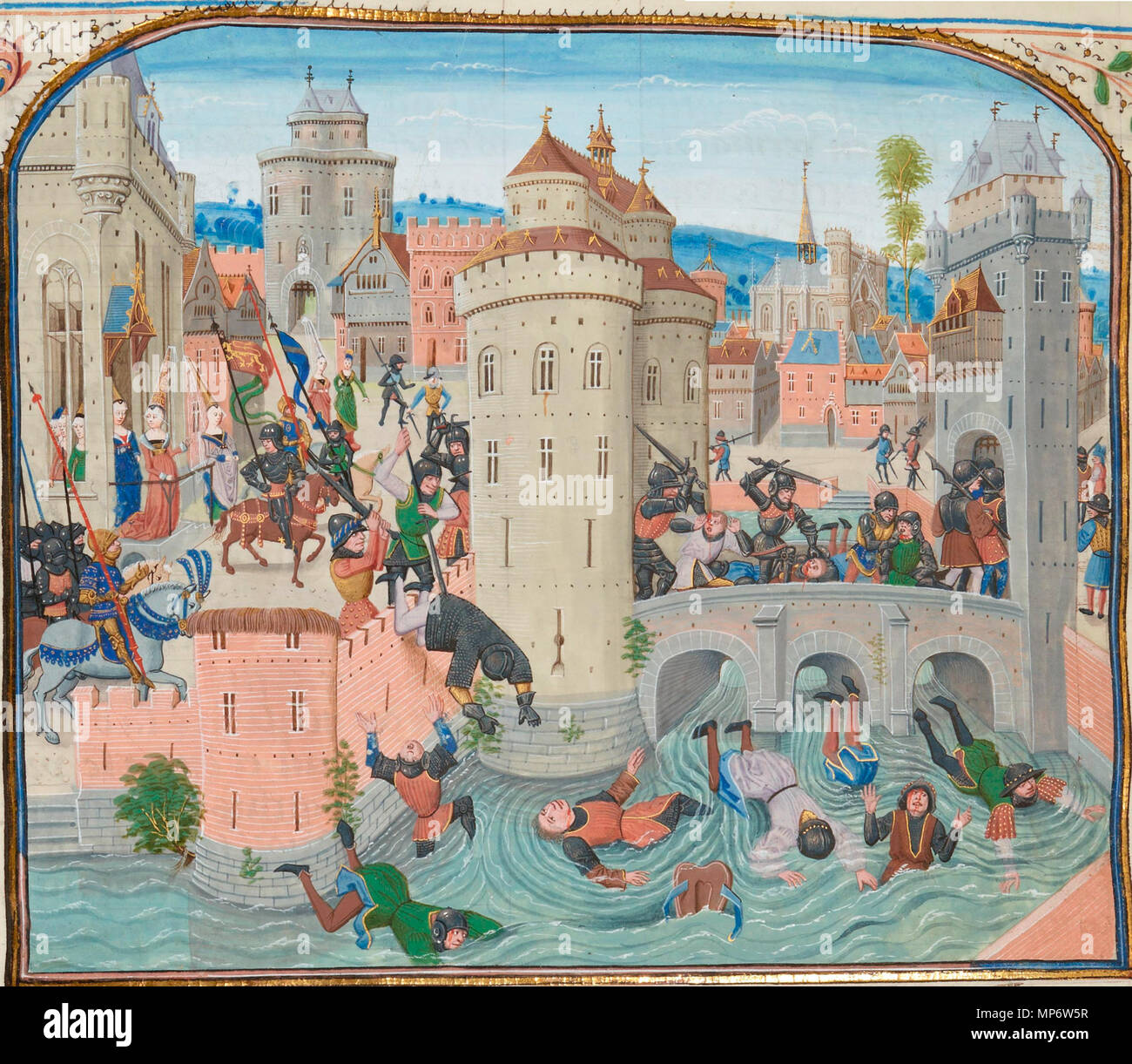 . Gaston Phébus et Jean de Grailli chargent les Jacques et les parisiens qui tentent de prendre la forteresse du marché de Meaux où est retranchée la famille du Dauphin. (9 Juin 1358) . XV eme siècle.   Jean Froissart  (1337–1410)       Alternative names Jean Froissart. A chronicler of medieval France who wrote 'Froissart's Chronicles' which is an important source of information for the first half of the Hundred Years' War.  Description French chronicler, historian, canon, poet and writer  Date of birth/death 1330s 1405  Location of birth/death Valenciennes Chimay  Authority control  : Q315000 Stock Photo