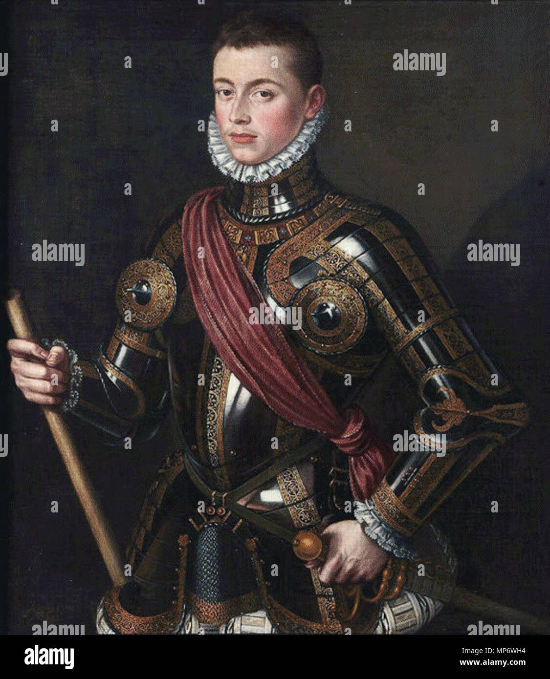 Don Juan de Austria armado.  Español: Retrato de Don Juan de Austria († 1578), que fue hijo ilegítimo del emperador Carlos I de España y de la noble alemana Bárbara Blomberg, así como hermanastro del rey Felipe II de España. . 1567.   734 John of Austria portraitFXD Stock Photo