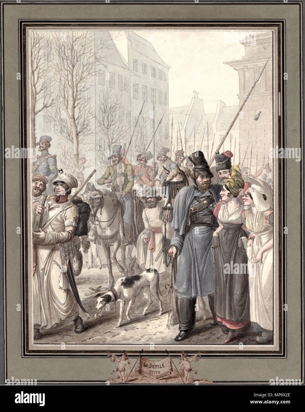 Français : Le Défilé militaire .  English: This is the first of a pair of unsigned watercolors by the German artist Georg Emanuel Opitz (1775-1841). It shows a procession of cossack soldiers marching through Paris during the occupation of the city in 1814. Opitz, who focused on portraiture and caricature, traveled to Paris in 1813 and witnessed the arrival of Russian and Prussian forces in the city following the Battle of Paris. Until this battle, no foreign army had entered Paris in 400 years. The French defeat led to the abdication of the Emperor Napoleon. The watercolor is from the Anne S.K Stock Photo