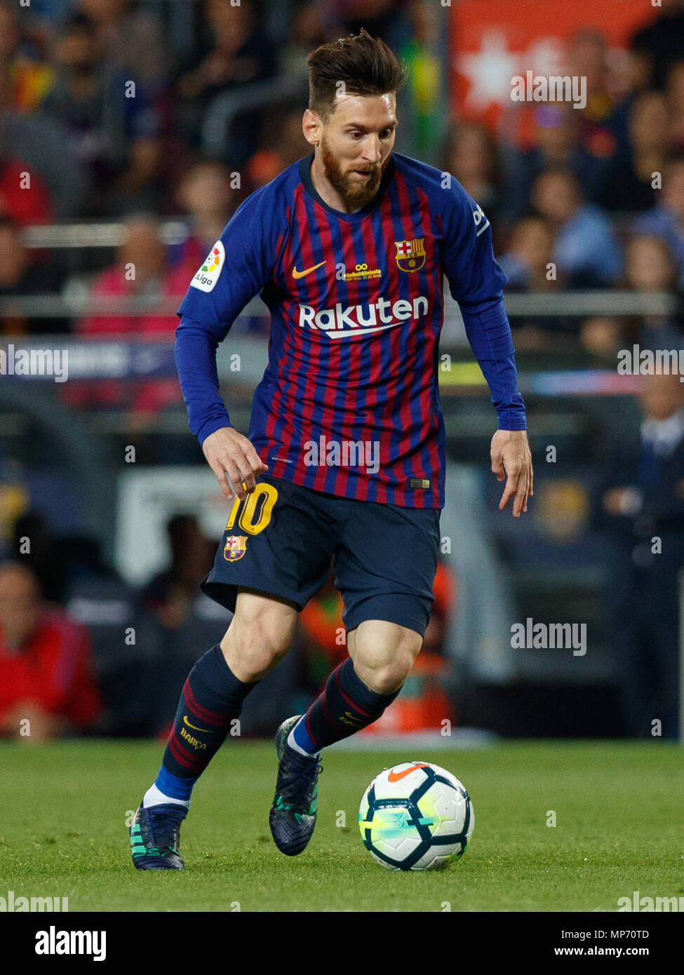 Barcelona, 20th May: Lionel Messi of FC Barcelona in action during the 2017/ 2018 LaLiga Santander Round 38 game between FC Barcelona and Real Sociedad  at Camp Nou on May 20, 2018 in