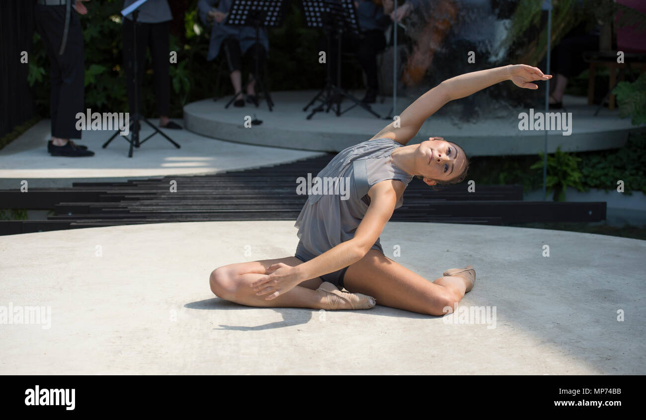 Royal Hospital Chelsea, London, UK. 21 May, 2018. Press day for the RHS Chelsea Flower Show 2018. Photo: Constella Opera Ballet perform a unique piece within the VTB Capital Spirit of Cornwall Garden, designed by Stuart Charles Towner and inspired by the work of sculptor Barbara Hepworth with music by composer Leo Geyer. Credit: Malcolm Park/Alamy Live News. Stock Photo