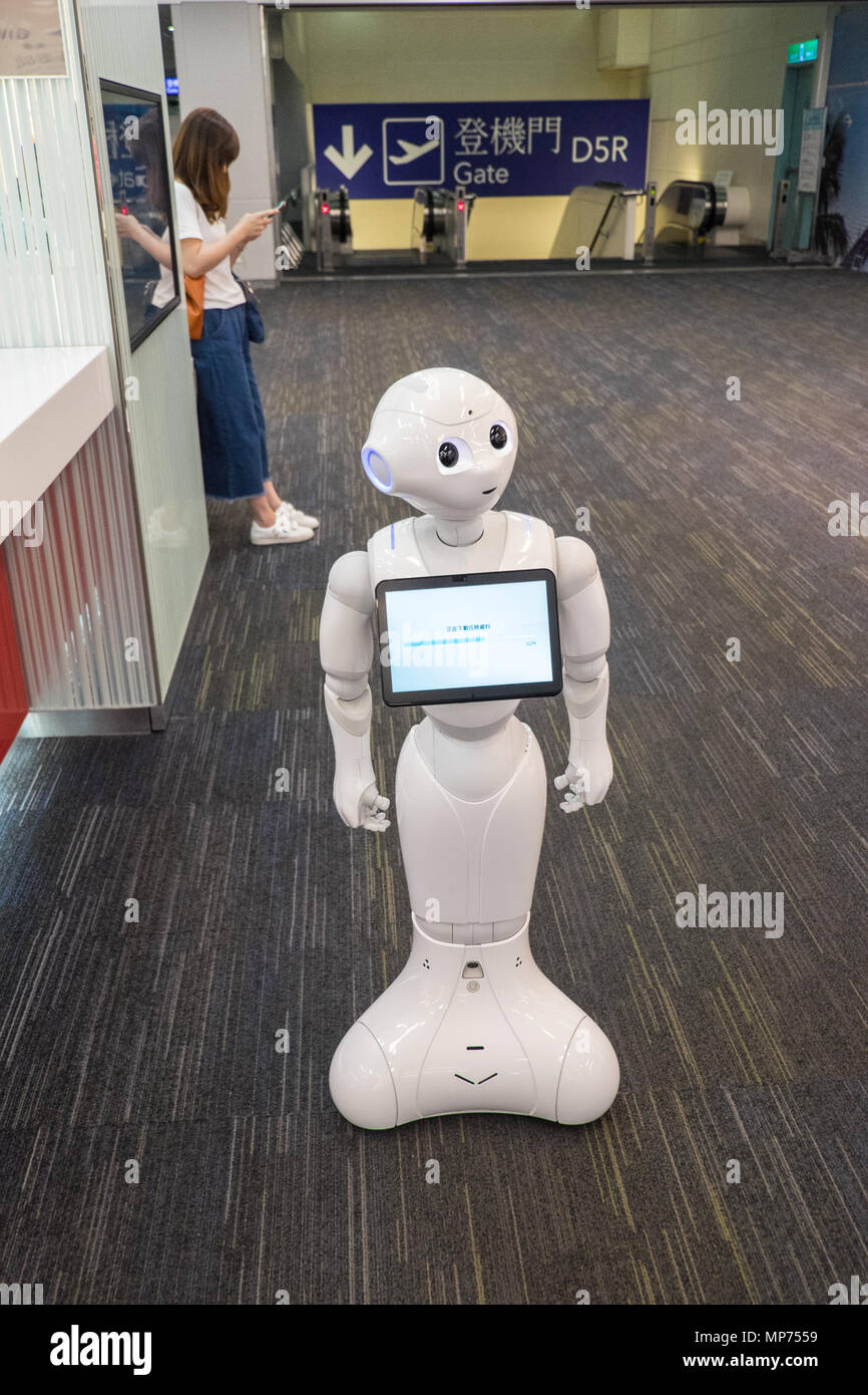 New humanoid,robot, Pepper,made,by,Softbank,Robotics,undergoing testing at Terminal 2 Departure information counter,Taoyuan Airport,Taipei,Taiwan,ROC,Republic of China,China,Chinese,Asia. Credit: Paul Quayle/Alamy Live News Stock Photo