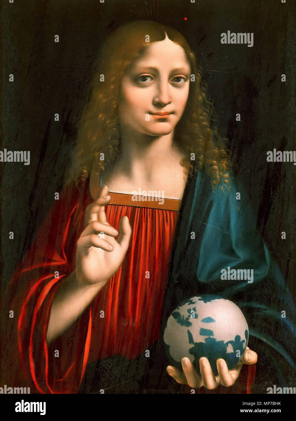 .  Salvator Mundi Cristo Benedicente . circa 1500.    Marco d'Oggiono  (1475–1530)     Description painter and draughtsman  Date of birth/death circa 1475 circa 1530  Location of birth/death Oggiono, Italy Mailand  Work period workshop of Leonardo da Vinci  Authority control  : Q982274 VIAF: 30466157 ULAN: 500019724 WGA: OGGIONO, Marco d' GND: 124255833 RKD: 60347 854 Marco d'Oggiono, Salvator Mundi, c.1500, Galleria Borghese, Rome Stock Photo