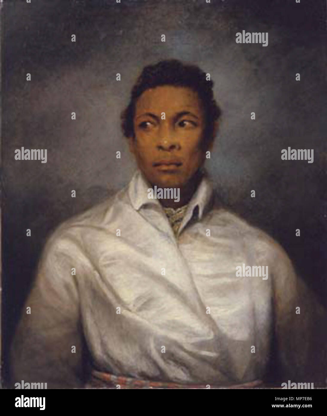 .  English: Manchester Art Gallery: 'Description Half length frontal portrait of Ira Aldridge, celebrated nineteenth century black actor, in the role of Othello. He is dressed in a white shirt, with a white lace necker-chief, he looks nervously to the left. Plain background. . 1826.   673 Ira AldridgebyNorthcote Stock Photo