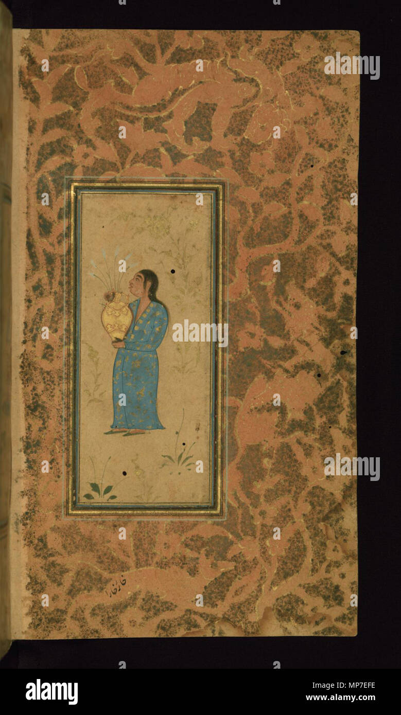 Anonymous (Iranian). 'A Woman Holding a Vase of Flowers,' 1105 AH/AD 1693. ink and pigments on non-European paper. Walters Art Museum (W.653.16B): Acquired by Henry Walters. W.653.16b 673 Iranian - Woman Holding a Vase of Flowers in a Landscape - Walters W65316B - Full Page Stock Photo