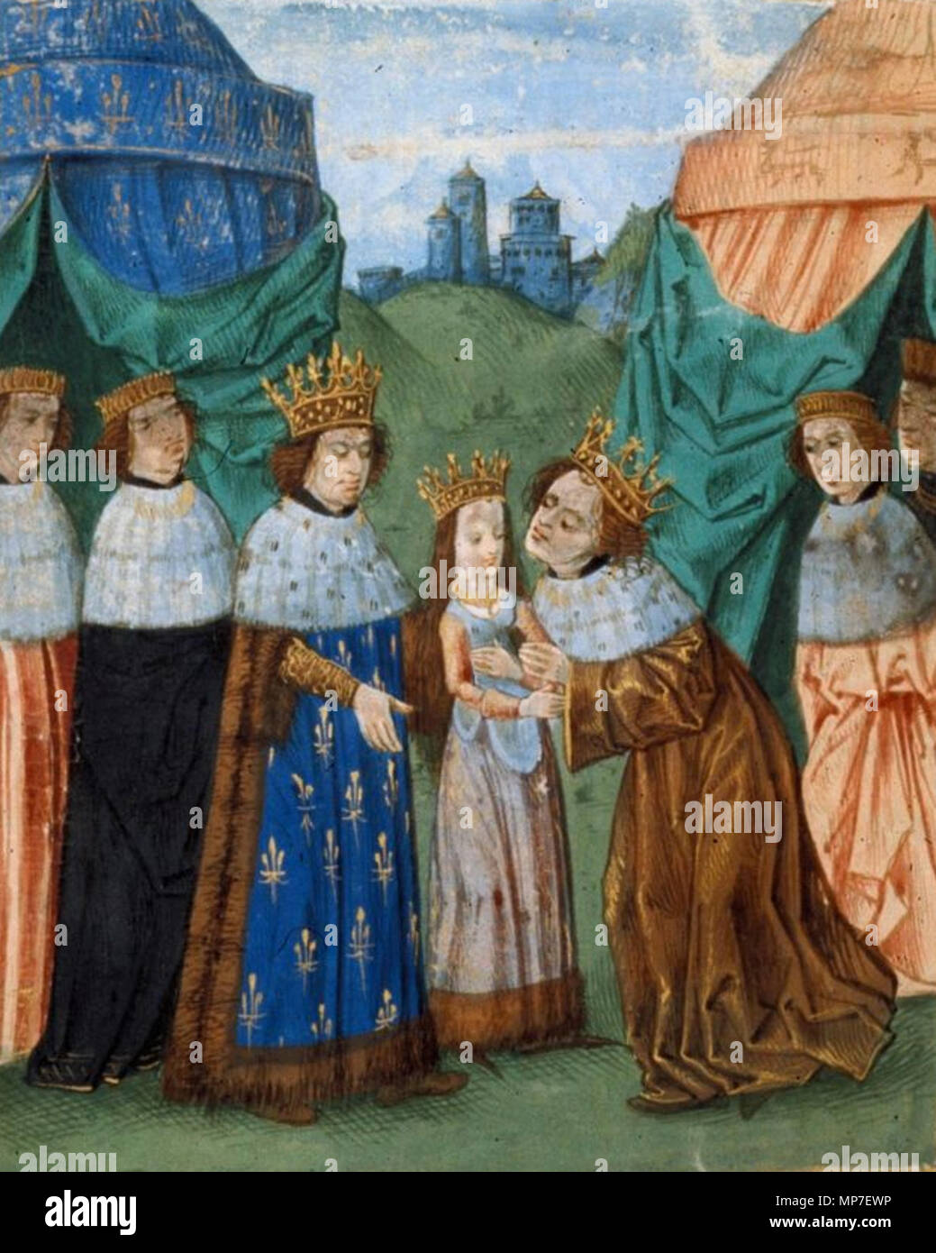 .  English: Miniature detailing Richard II of England receiving his six-year-old bride Isabel of Valois from her father Charles VI of France . Late 15th century.   675 Isabella of Valois muz otec Stock Photo