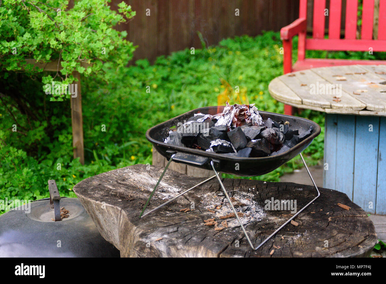 Charcoal BBQ Barbecue Grill on garden Background. Portable Grillware