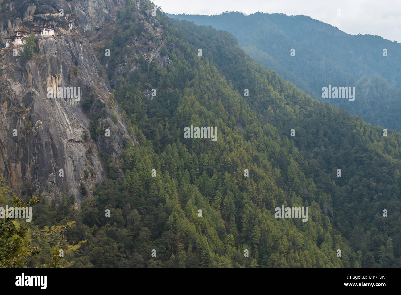 Tiger's Nest (Paro Taktsang), a Buddhist monastery perched at the top of a cliff near Paro, Bhutan. Stock Photo
