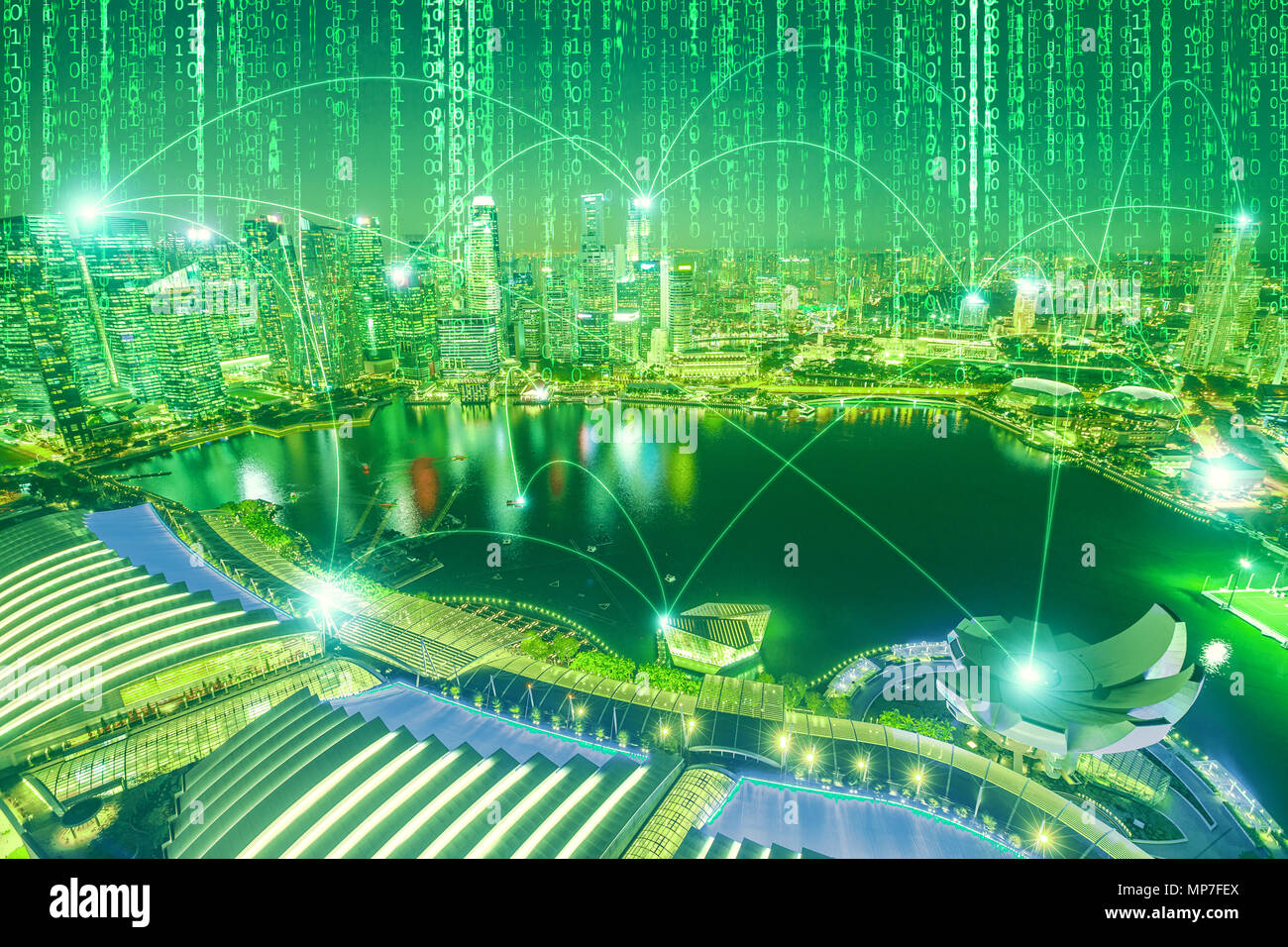 The concept of digital connection and virtual connectivity between buildings of a city. The financial district of Singapore skyline with matrix sky background in green. Stock Photo