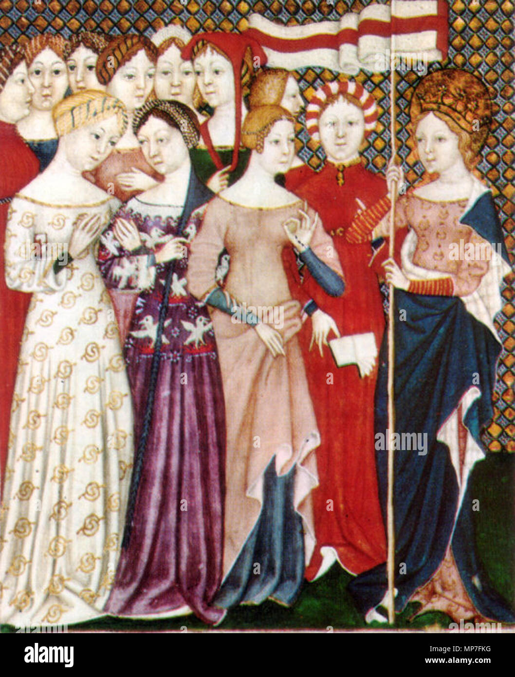 . Illustration form an Italian breviary showing women's figured silk gowns and a saint. Bilbliothèque Nationale, Paris, ms lat. 577 f. 380 . circa 1380. Unknown 678 Italian breviary c. 1380 women Stock Photo