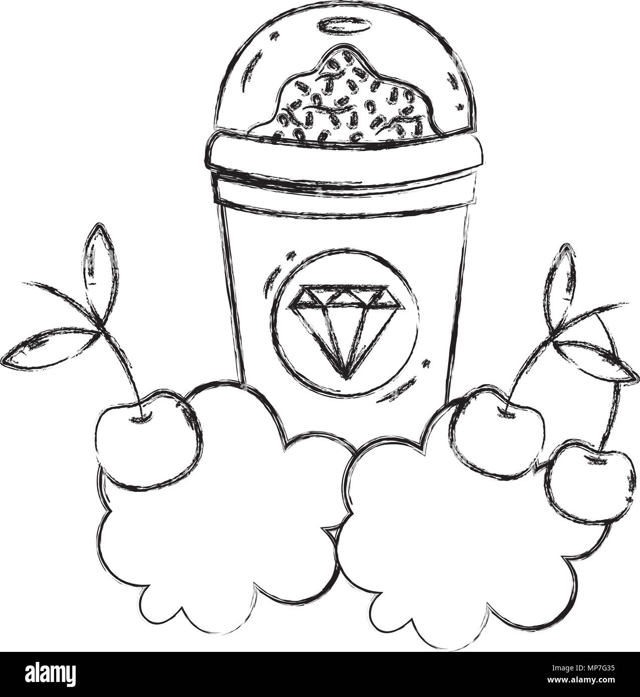 grunge smoothie plastic cup with cherrys and clouds Stock Vector Image