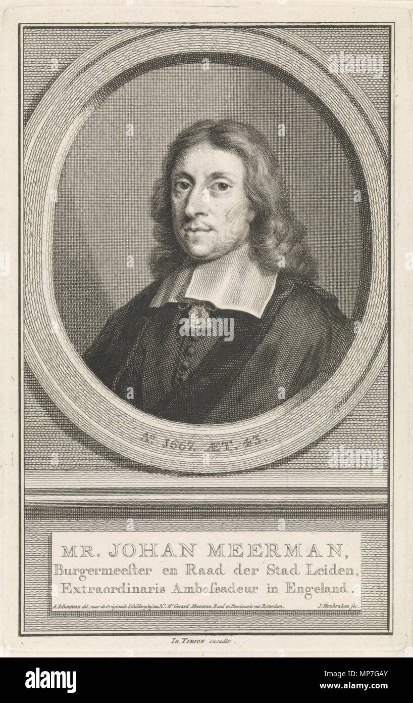 Portrait of a Man Johan Meerman.  English: Engraving of Leiden Mayor Johan Meerman in 1667. It is based on an anonymous painting of him where he is portrayed at age 43 in 1667, after a painting which was hanging in his son Gerard Meerman's house in Rotterdam in 1760. This engraving appeared in a monthly magazine (total number of issues 45) published by Isaac Tirion with historic sketches of Holland in 1760, called 'Hedendaagse Historie'. Nederlands: Ao. 1667 AET. 43 / Mr. Johan Meerman, Burgemeester en Raad der Stad Leiden, Extraordinaris Ambassadeur in Engeland / A. Schouman del. naar de orig Stock Photo