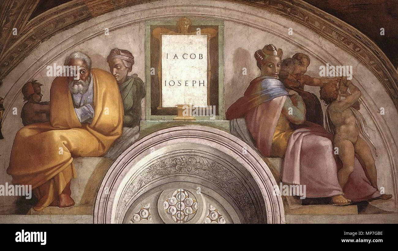 . Sistine Chapel, fresco Michelangelo, one of Ancestors of Christ series. NOTE: This is not Joseph who ruled Egypt, or Jacob son of Isaac. This is the Joseph that was the Earthly father of Jesus, the last in the series of Ancestors. 1509.   Michelangelo  (1475–1564)       Alternative names Michelangelo di Lodovico Buonarroti Simoni  Description Italian painter, sculptor, architect, poet and inventor  Date of birth/death 6 March 1475 18 February 1564  Location of birth/death Caprese Michelangelo Rome  Work period from 1487 until 1564  Work location Florence (1487-1494), Bologna (1494-1496), Rom Stock Photo