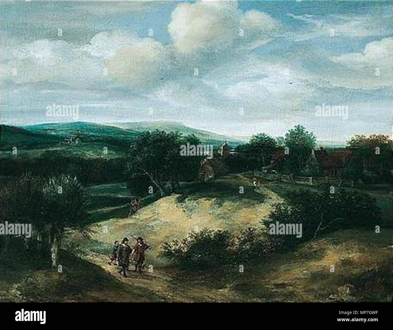 . English: Landscape with huntsmen on a track before a village, signed and dated lower right: j.Koninck.f/1667 oil on canvas 52.5 by 67 cm.; 20 3/4 by 26 1/2 in. 1667. Jacob Koninck 683 Jacob Koninck - dune landscape with hunters Stock Photo